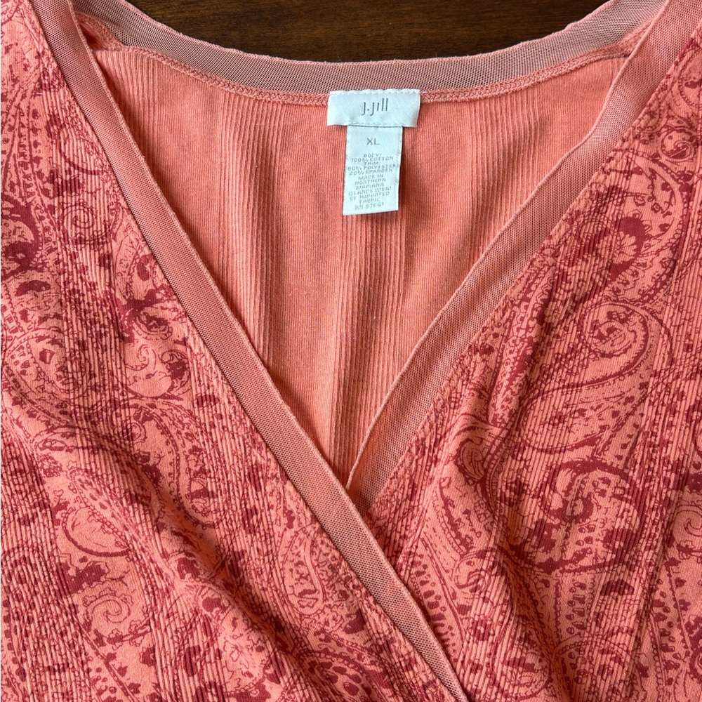 J. Jill XL Burnt Orange Paisley Faux Wrap Top Long Sleeve Soft Stretch - Picture 4 of 8
